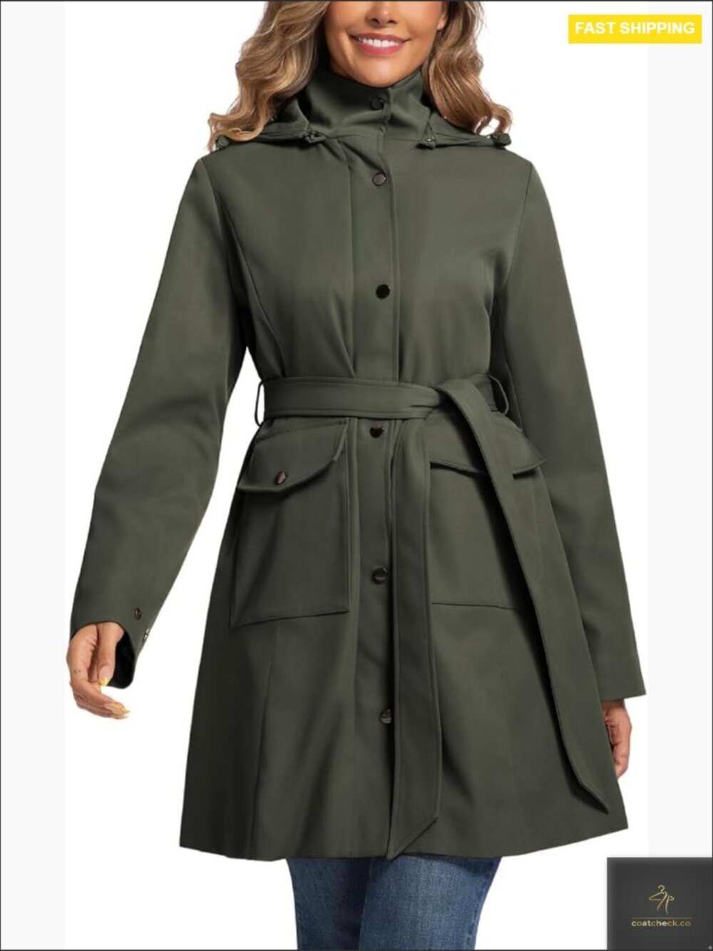 Classic Trench Coat Waterproof Windproof Detachable Hood Belted Travel Chic